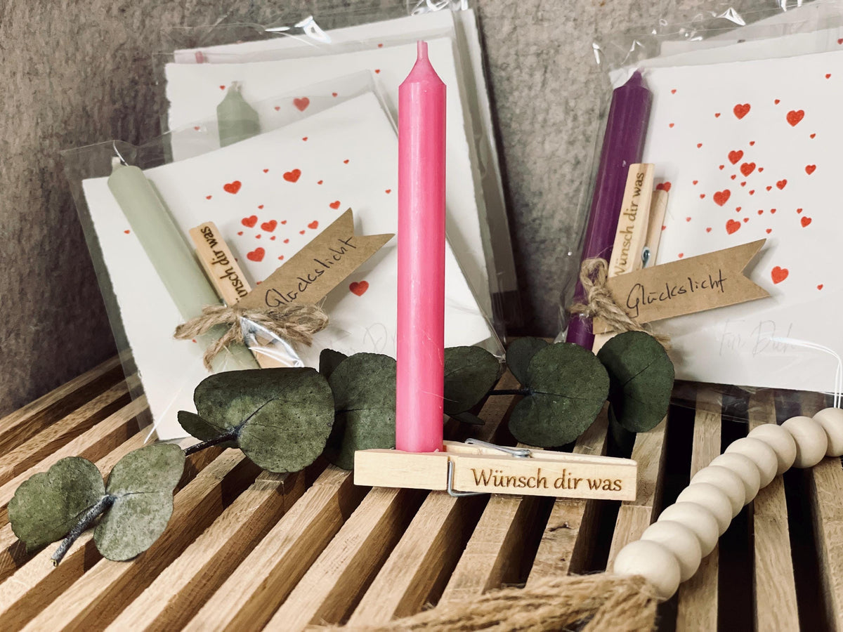 Geburtstagskerze Wäscheklammer Set, Wunsch dir was Aufschrift, kleines Geschenk zum Geburtstag, DasGlueckswerk, Personalisierte Geschenk, Greeting Cards, holz