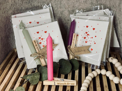 Geburtstagskerze Wäscheklammer Set, Wunsch dir was Aufschrift, kleines Geschenk zum Geburtstag, DasGlueckswerk, Personalisierte Geschenk, Greeting Cards, holz