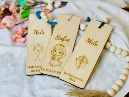 Lesezeichen Holz mit Gravur, buntes Band Holzperlen, Geschenk Kommunion Taufe, DasGlueckswerk, Geburt & Baby, Bookmarks, holz