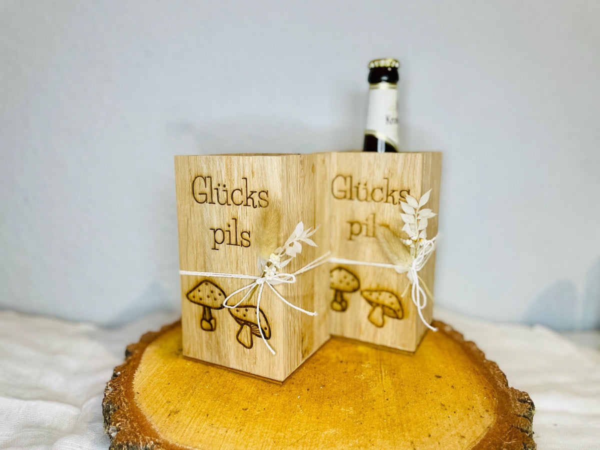 Flaschenbox aus Holz, personalisierte Flaschenbox, Gravur „Glückspilz“, Geschenkidee, Holzbox, Weinbox, Flasche verschenken