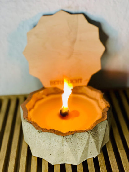 Betonkerze Einzugsgeschenk, moderne Kerze für neues Zuhause, Terrassendeko rund, DasGlueckswerk, Kerzen aus Beton, Container Candles, holz, wachs, Beton, Glasfaser