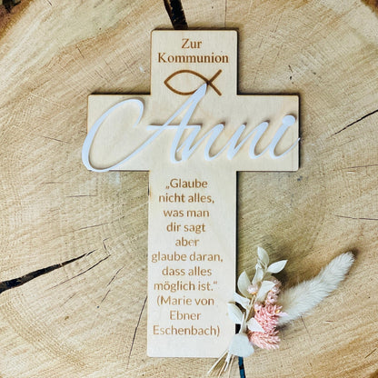Christliches Geschenk zur Taufe oder Kommunion Kreuz mit Namen aus Acrylglas Kreuz Das Glückswerk