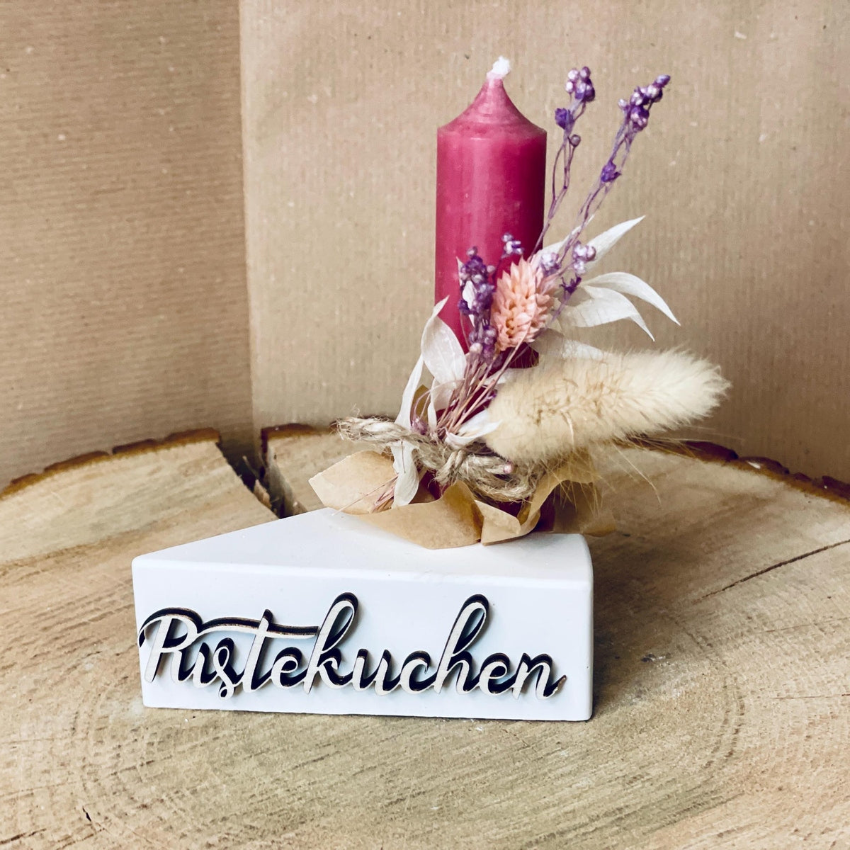 Pustekuchen - Tortenstück mit Holzgravur und Kerze zum Geburtstag Geschenkset Das Glückswerk