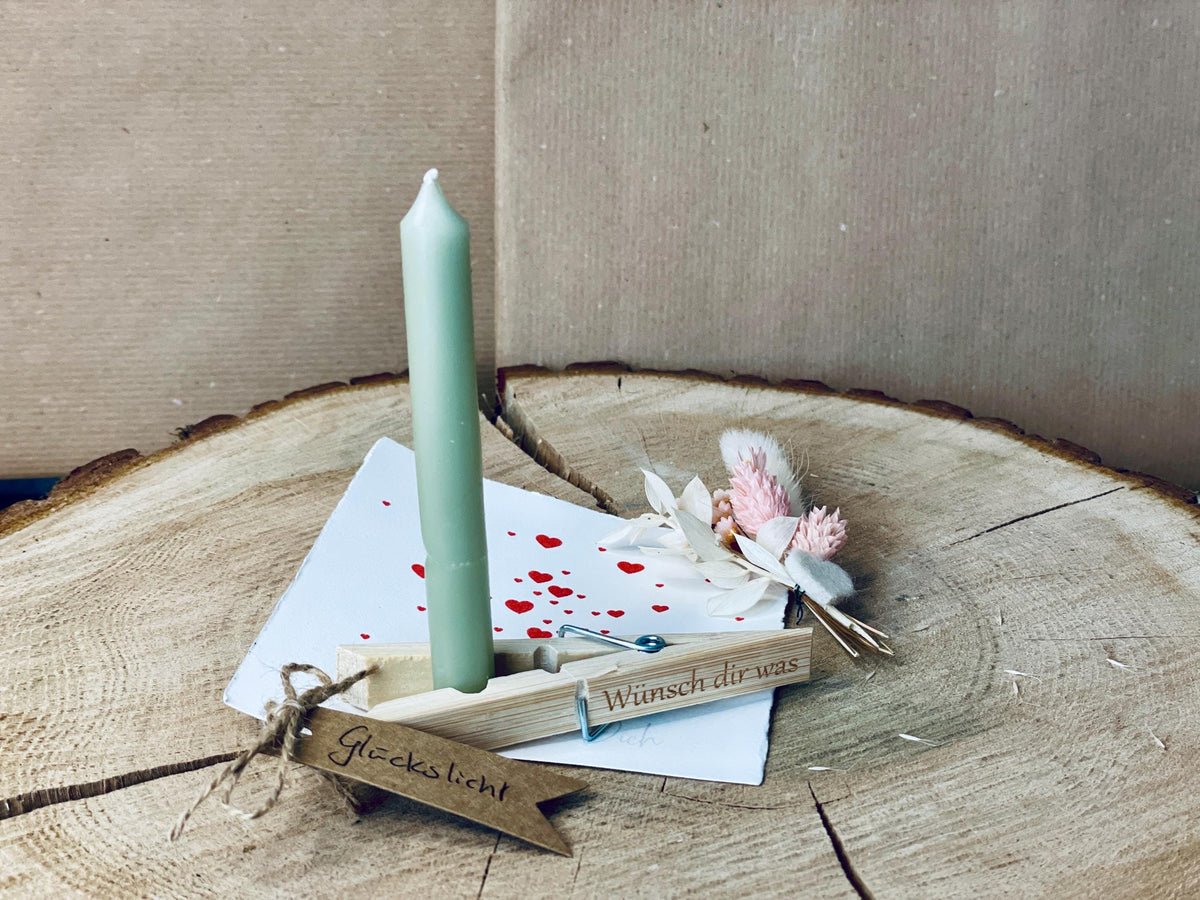 Geburtstagskerze Wäscheklammer Set, Wunsch dir was Aufschrift, kleines Geschenk zum Geburtstag, DasGlueckswerk, Personalisierte Geschenk, Greeting Cards, holz