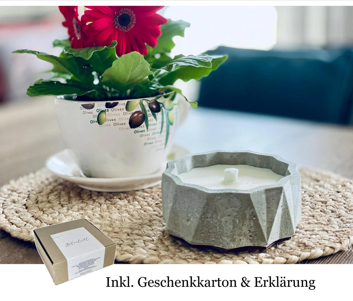 Betonkerze grau mit Glasfaser-Dauerdocht, Ansicht von oben