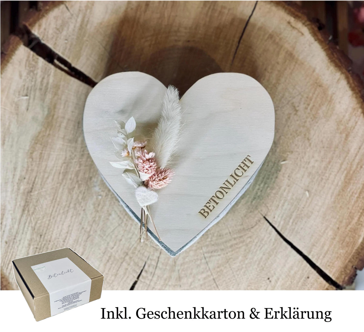 Betonkerze in Herzform mit individuellem Wunschtext
