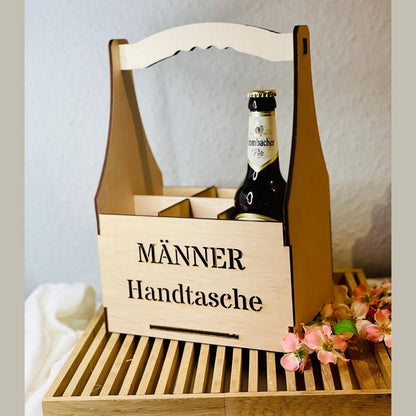 Flaschenträger "Männerhandtasche" aus Holz für 6 Bierflaschen Flaschenträger Das Glückswerk
