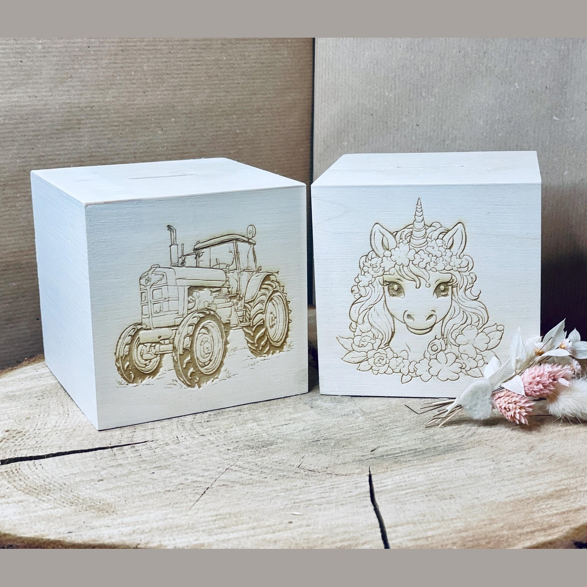 Spardose für Kinder mit Einhorn oder Trecker Motiv aus Holz und Verschluss Stopfen ( oder Wunschmotiv) Spardose Das Glückswerk