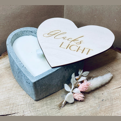 Glückslicht - schlichte edele handmade Kerze in Herz form zum verschenken Outdoor Garten Balkon Terassen Kerze/Indoor Kerze Betonkerze Das Glückswerk