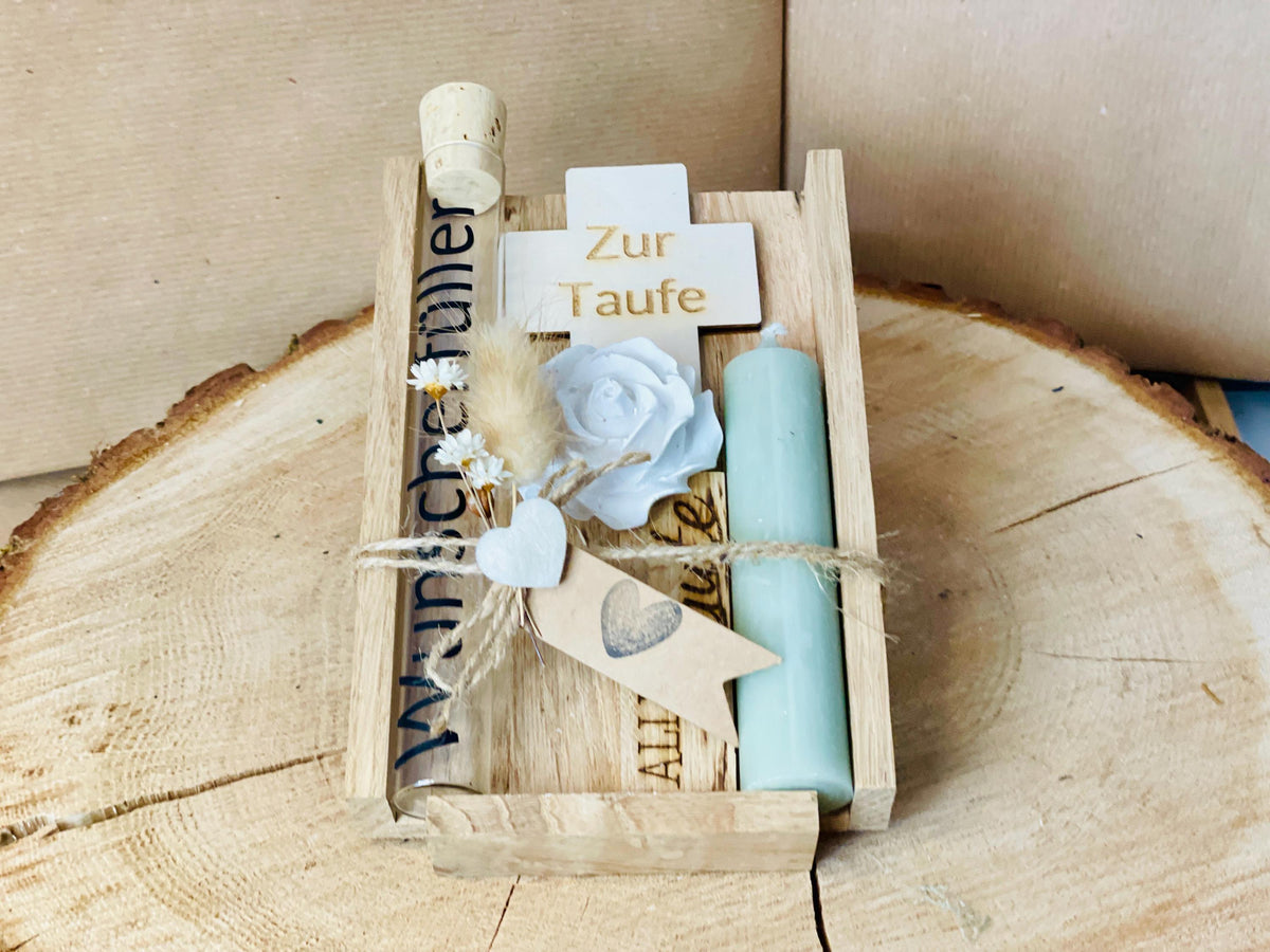 Jugendweihe Geschenkset mit Kreuz und Kerze, personalisierte Gravur, Geldgeschenk Verpackung, DasGlueckswerk, Geburt & Baby, Greeting Cards, holz, raysin, Wachs, Jute, Filz, Trockenblumen, Glas