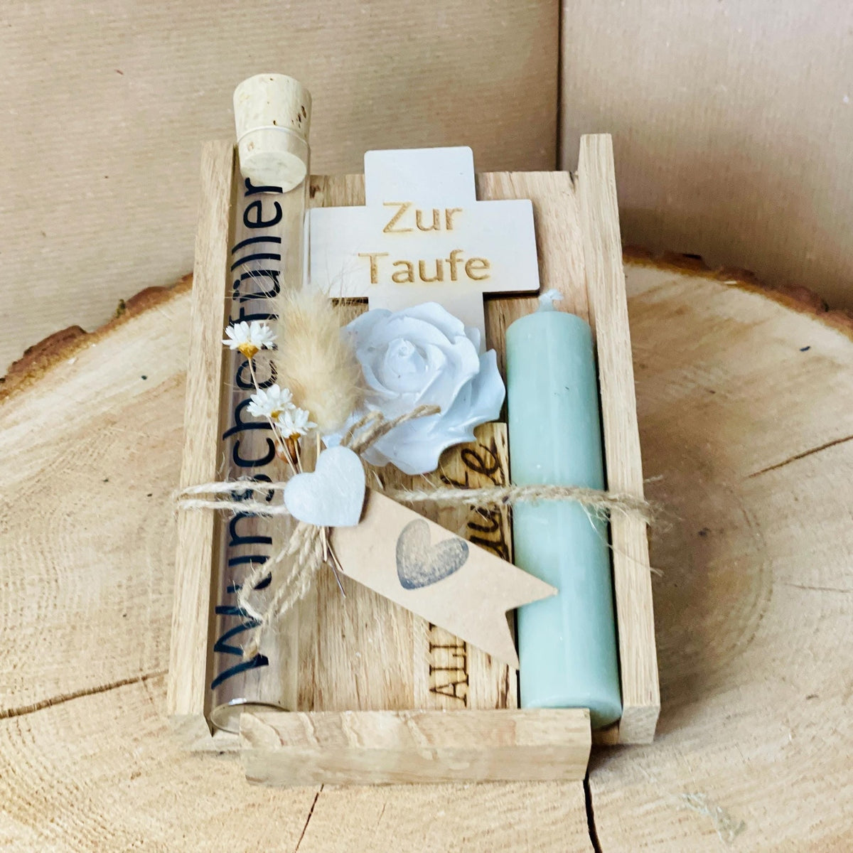 Taufgeschenk Set: Geldgeschenk mit Kerze + Holzkreuz & WUNSCHERFÜLLER aus Glas Geschenkset Das Glückswerk