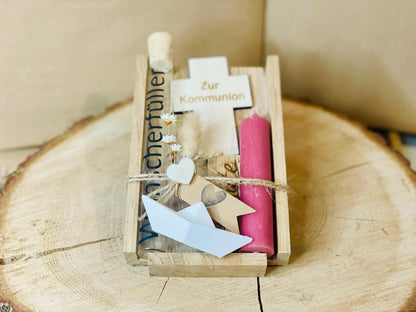 Jugendweihe Geschenkset mit Kreuz und Kerze, personalisierte Gravur, Geldgeschenk Verpackung, DasGlueckswerk, Geburt & Baby, Greeting Cards, holz, raysin, Wachs, Jute, Filz, Trockenblumen, Glas