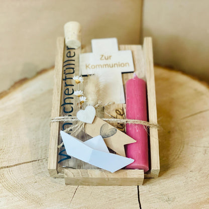 Taufgeschenk Set: Geldgeschenk mit Kerze + Holzkreuz & WUNSCHERFÜLLER aus Glas Geschenkset Das Glückswerk