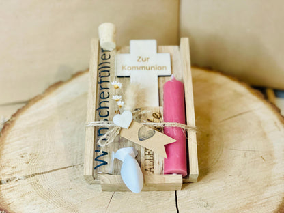Jugendweihe Geschenkset mit Kreuz und Kerze, personalisierte Gravur, Geldgeschenk Verpackung, DasGlueckswerk, Geburt & Baby, Greeting Cards, holz, raysin, Wachs, Jute, Filz, Trockenblumen, Glas