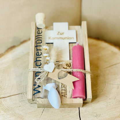 Taufgeschenk Set: Geldgeschenk mit Kerze + Holzkreuz & WUNSCHERFÜLLER aus Glas Geschenkset Das Glückswerk