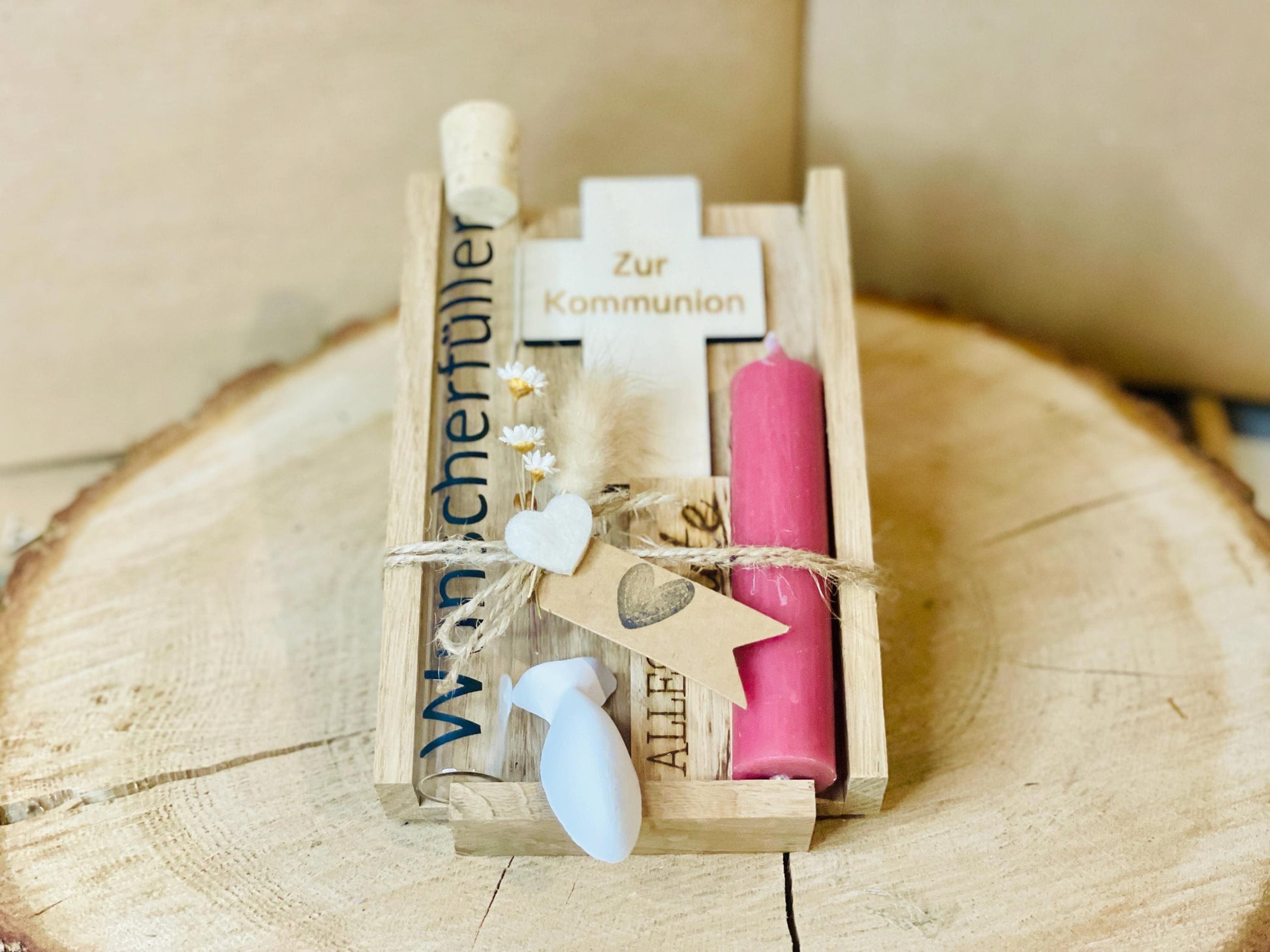 Taufgeschenk Wunscherfüller Glas, Kreuz Kerze Trockenblumen, personalisiert, DasGlueckswerk, Geburt & Baby, Greeting Cards, holz, raysin, Wachs, Jute, Filz, Trockenblumen, Glas