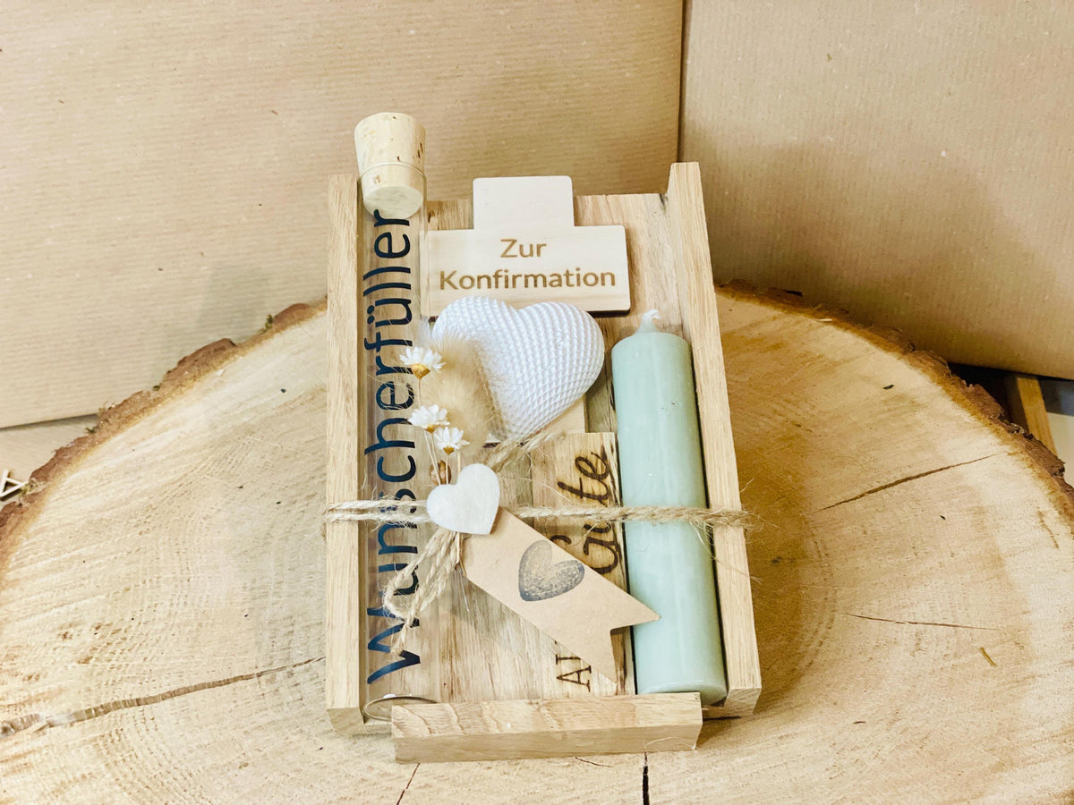 Kommunionsgeschenk Kreuz Kerze, Geschenkset mit Gravur zur Erstkommunion, Geldgeschenk Glasröhrchen, DasGlueckswerk, Geburt & Baby, Religious Events Cards, holz, Wachs, raysin, Filz, Trockenblumen, Jute, Glas, vinylfolie