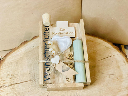 Kommunionsgeschenk Kreuz Kerze, Geschenkset mit Gravur zur Erstkommunion, Geldgeschenk Glasröhrchen, DasGlueckswerk, Geburt & Baby, Religious Events Cards, holz, Wachs, raysin, Filz, Trockenblumen, Jute, Glas, vinylfolie