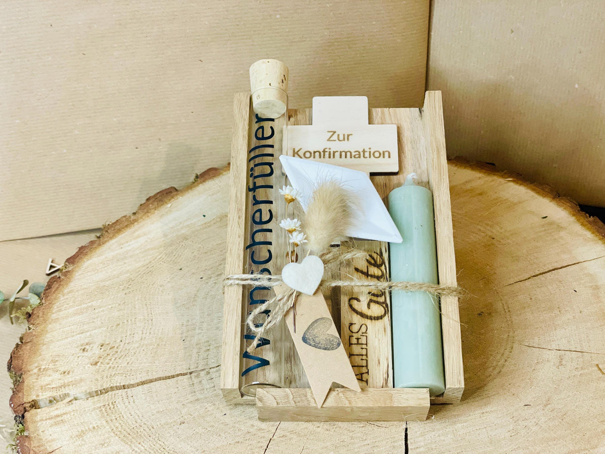 Kommunionsgeschenk Kreuz Kerze, Geschenkset mit Gravur zur Erstkommunion, Geldgeschenk Glasröhrchen, DasGlueckswerk, Geburt & Baby, Religious Events Cards, holz, Wachs, raysin, Filz, Trockenblumen, Jute, Glas, vinylfolie