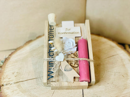Kommunionsgeschenk Kreuz Kerze, Geschenkset mit Gravur zur Erstkommunion, Geldgeschenk Glasröhrchen, DasGlueckswerk, Geburt & Baby, Religious Events Cards, holz, Wachs, raysin, Filz, Trockenblumen, Jute, Glas, vinylfolie