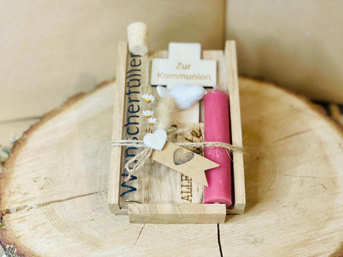 Kommunionsgeschenk Kreuz Kerze, Geschenkset mit Gravur zur Erstkommunion, Geldgeschenk Glasröhrchen, DasGlueckswerk, Geburt & Baby, Religious Events Cards, holz, Wachs, raysin, Filz, Trockenblumen, Jute, Glas, vinylfolie