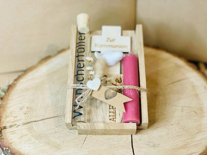 Kommunionsgeschenk Kreuz Kerze, Geschenkset mit Gravur zur Erstkommunion, Geldgeschenk Glasröhrchen, DasGlueckswerk, Geburt & Baby, Religious Events Cards, holz, Wachs, raysin, Filz, Trockenblumen, Jute, Glas, vinylfolie