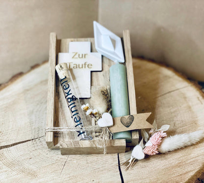 Taufgeschenk Set Kreuz Kerze, Reagenzglas wählbar, personalisiert mit Gravur, DasGlueckswerk, Geburt & Baby, Greeting Cards, holz, raysin, wachs