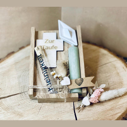 Geldgeschenk zur Jugendweihe mit Kerze, Holzkreuz mit Gravur und Symbol Boot, Taube oder Fisch aus raysin HANDMADE Geschenkset Das Glückswerk