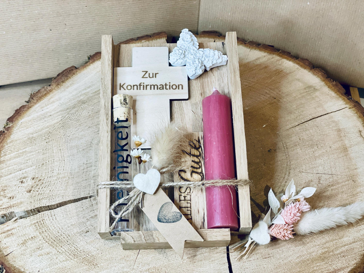 Christliches Geschenkset zur Firmung mit Kerze, Fisch und personalisiertem Kreuz aus holz mit Röhrchen für Geldgeschenk "Wunscherfüller", DasGlueckswerk, Geburt & Baby, Greeting Cards, holz, wachs, plastik, kork, jutefaden, trockenblumen, raysin