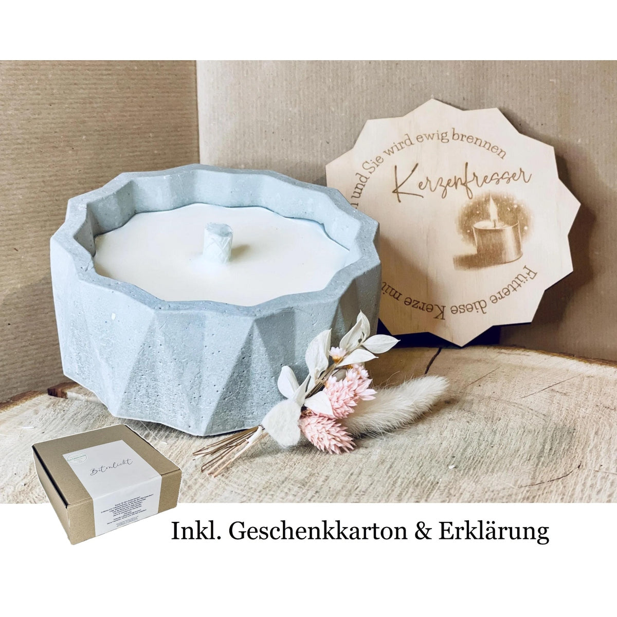 Betonkerze Kerzenfresser-Rustikale Kerze zum verschenken handmade Outdoor-kerze für Garten und Camping, Creme weiß Sojawachs Betonkerze Das Glückswerk