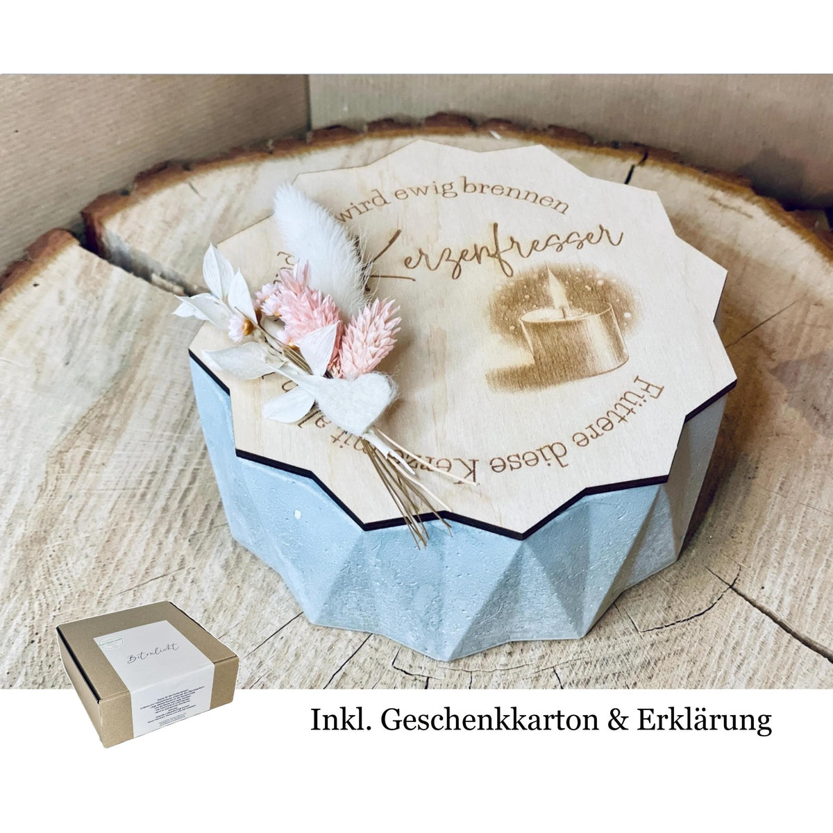 edele Indoor Betonkerze "Kerzenfresser" in Geschenkverpackung kerzenfresser indoor, tischfeuer, schmelzlicht, dauerwachskerze Betonkerze Das Glückswerk