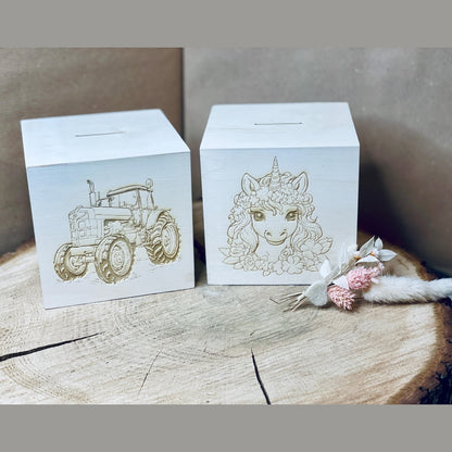 Spardose für Kinder mit Einhorn oder Trecker Motiv aus Holz und Verschluss Stopfen ( oder Wunschmotiv) Spardose Das Glückswerk