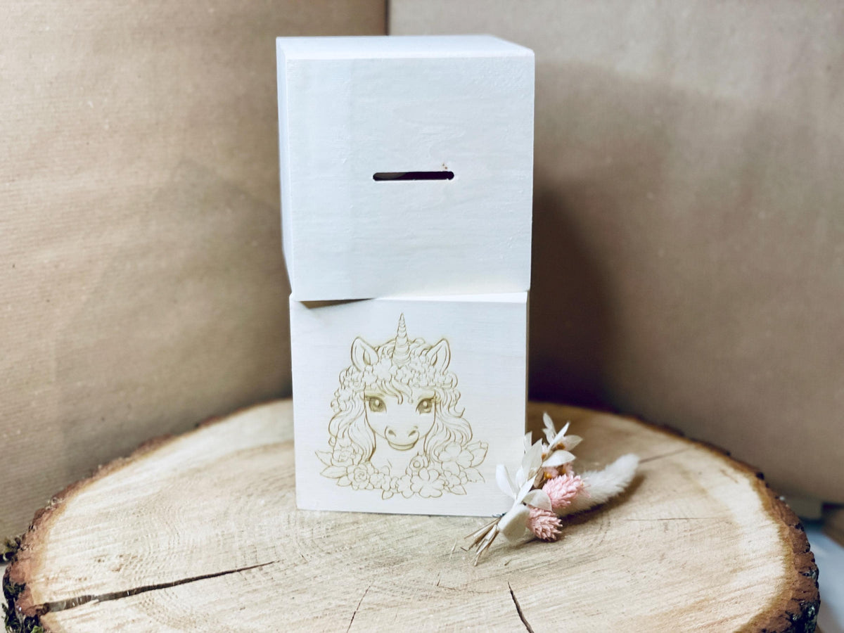 Spardose Kinder Einhorn oder Trecker Motiv, Holz mit Stopfen Verschluss, Wunschmotiv, DasGlueckswerk, Geburt & Baby, Piggy Banks, Holz