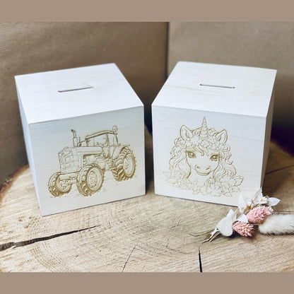 Spardose für Kinder mit Einhorn oder Trecker Motiv aus Holz und Verschluss Stopfen ( oder Wunschmotiv) Spardose Das Glückswerk