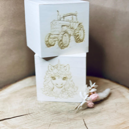 Spardose für Kinder mit Einhorn oder Trecker Motiv aus Holz und Verschluss Stopfen ( oder Wunschmotiv) Spardose Das Glückswerk