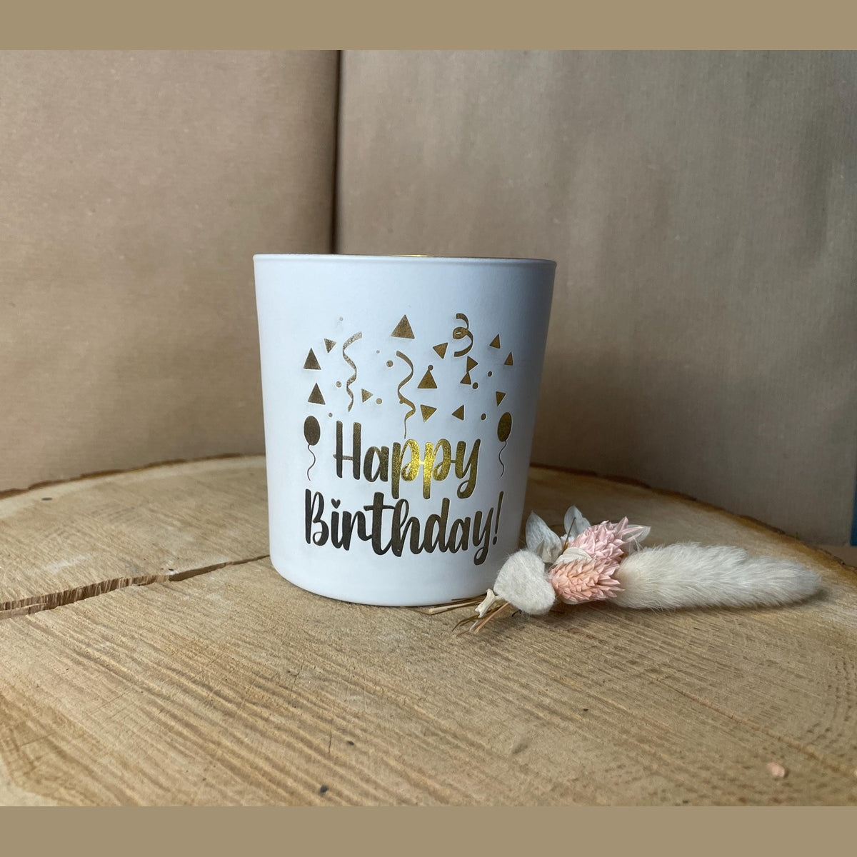 Kerzenglas weiß Gold mit Gravur Happy Birthday teelichthalter Das Glückswerk