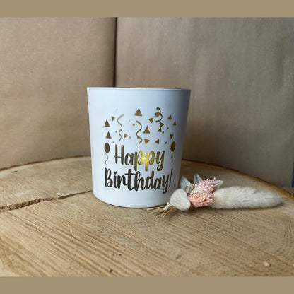 Kerzenglas weiß Gold mit Gravur Happy Birthday teelichthalter Das Glückswerk