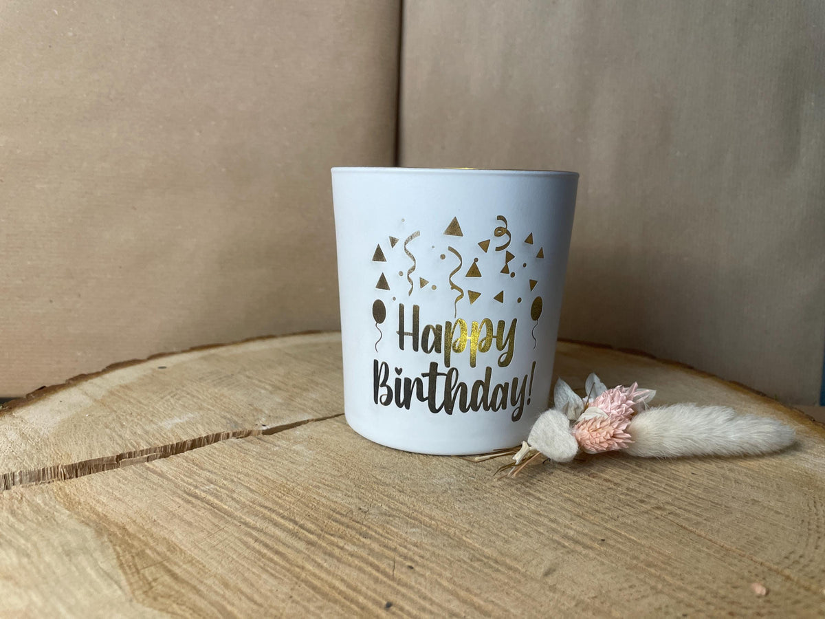 Kerzenglas Geburtstag Gravur Happy Birthday, weiß Gold, Geschenk zum Geburtstag, DasGlueckswerk, Geburtstag, Candlestick Holders, glas