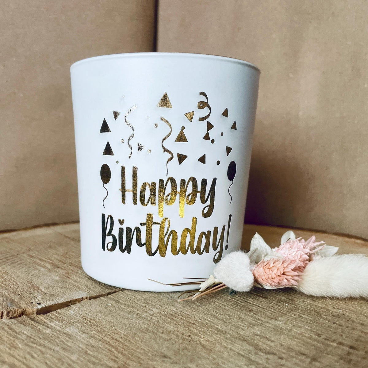 Kerzenglas weiß Gold mit Gravur Happy Birthday teelichthalter Das Glückswerk
