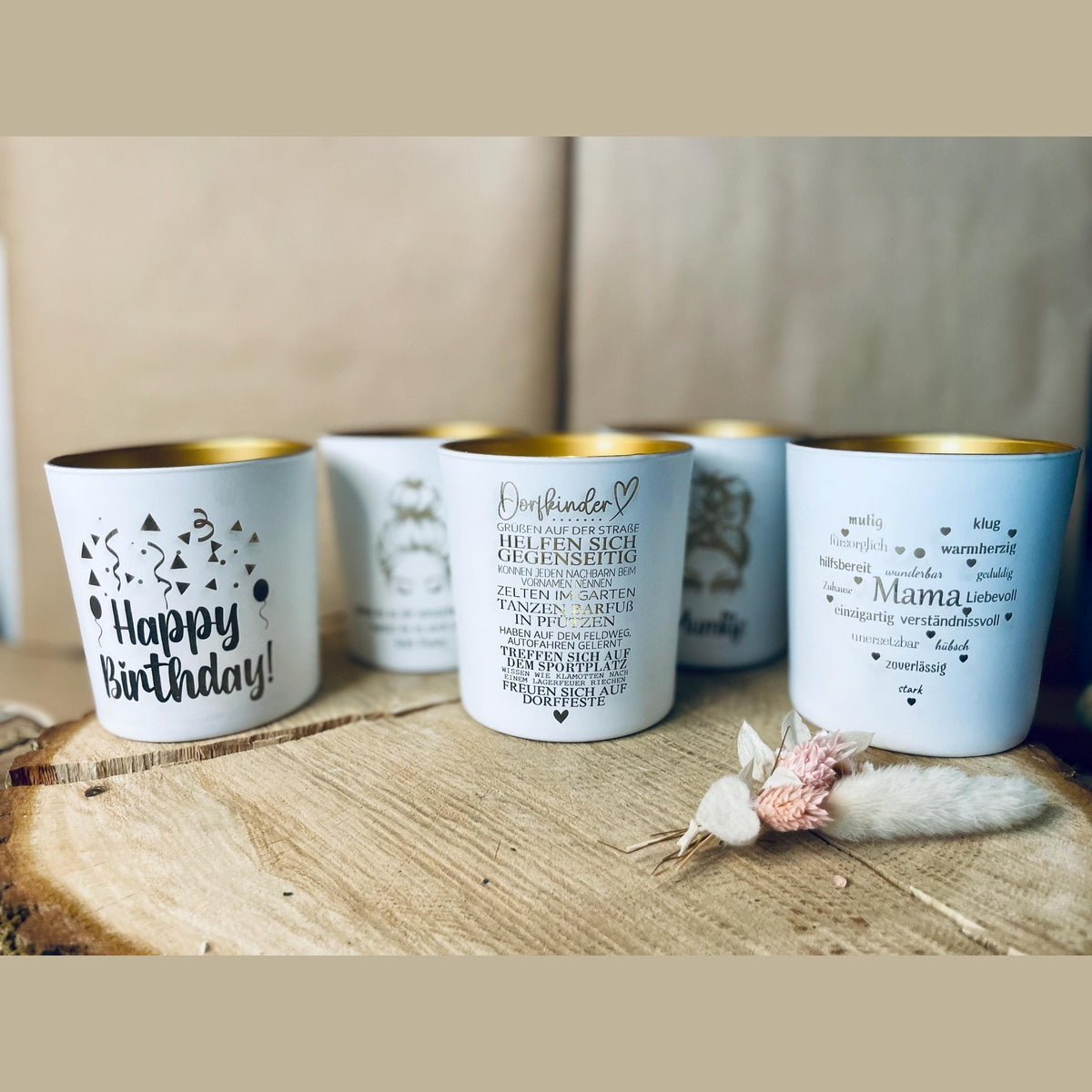 Kerzenglas weiß Gold mit Gravur Happy Birthday teelichthalter Das Glückswerk