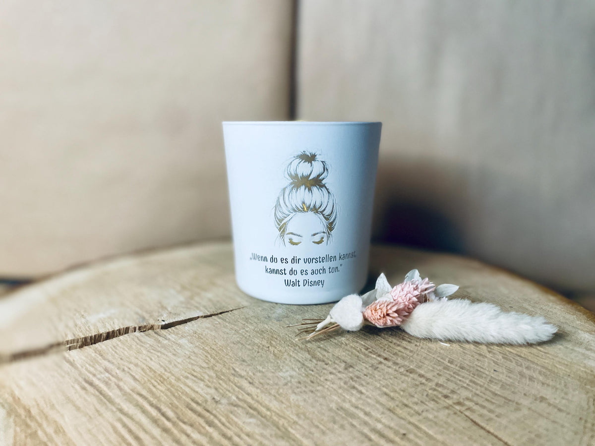 Kerzenglas Motivationsspruch Gravur, weiß Gold, Geschenk zum Mutmachen und Erfolg, DasGlueckswerk, Dekoration, Candlestick Holders, glas