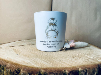 Kerzenglas Motivationsspruch Gravur, weiß Gold, Geschenk zum Mutmachen und Erfolg, DasGlueckswerk, Dekoration, Candlestick Holders, glas