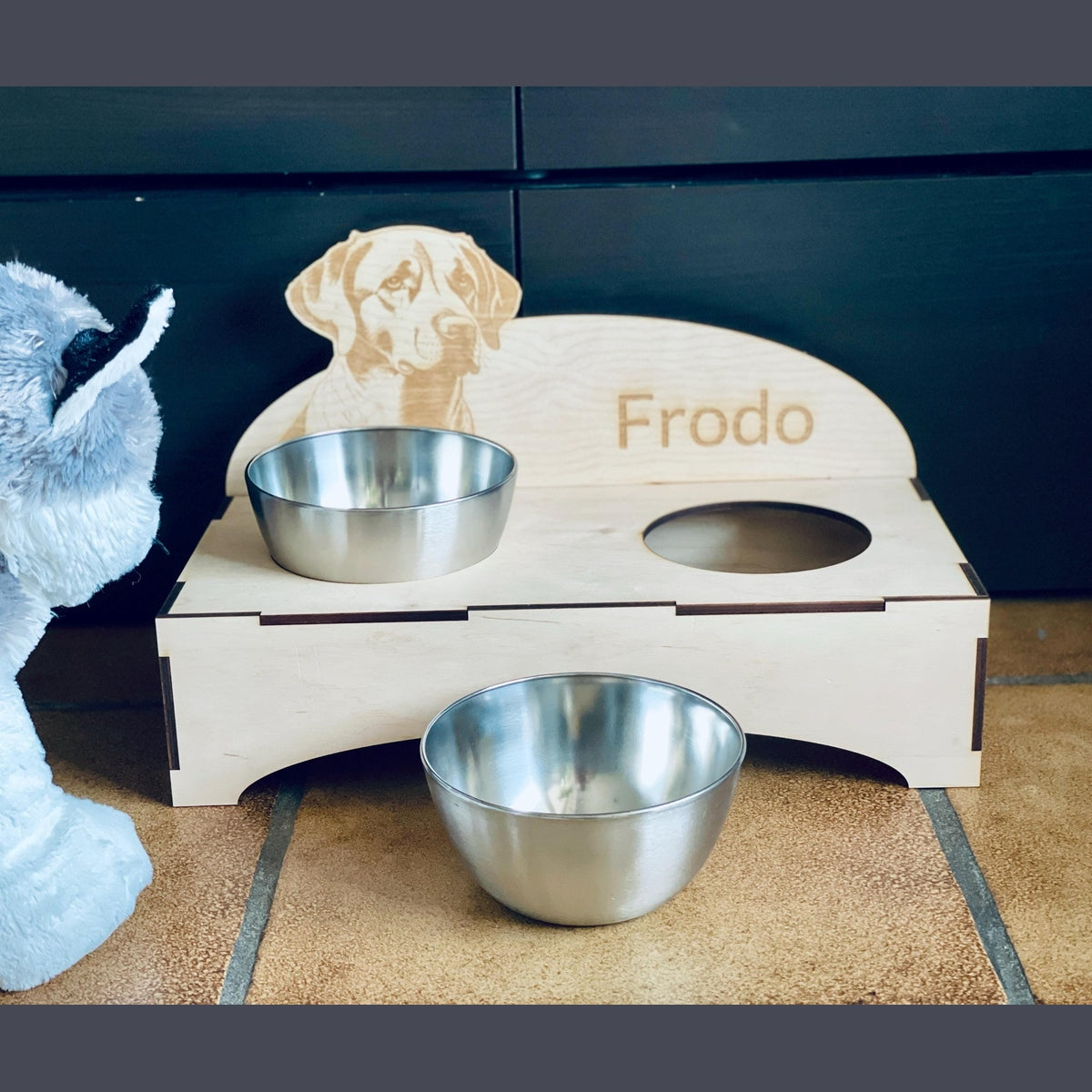 personalisierter Hunde Futternapf aus Edelstahl und Holz Hundenapf Das Glückswerk