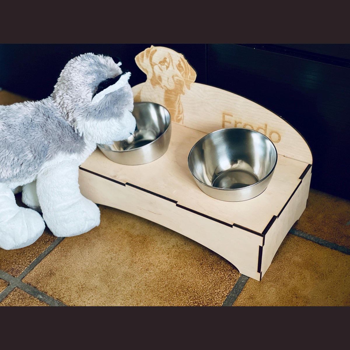 personalisierter Hunde Futternapf aus Edelstahl und Holz Hundenapf Das Glückswerk