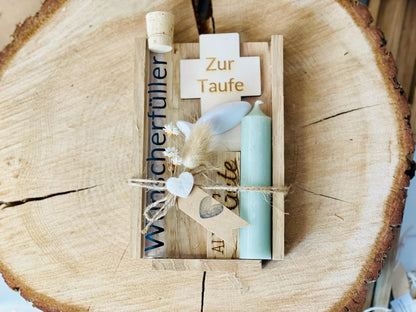 Taufgeschenk Wunscherfüller Glas, Kreuz Kerze Trockenblumen, personalisiert, DasGlueckswerk, Geburt & Baby, Greeting Cards, holz, raysin, Wachs, Jute, Filz, Trockenblumen, Glas