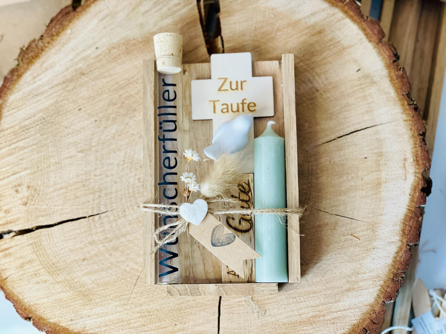 Taufgeschenk Wunscherfüller Glas, Kreuz Kerze Trockenblumen, personalisiert, DasGlueckswerk, Geburt & Baby, Greeting Cards, holz, raysin, Wachs, Jute, Filz, Trockenblumen, Glas