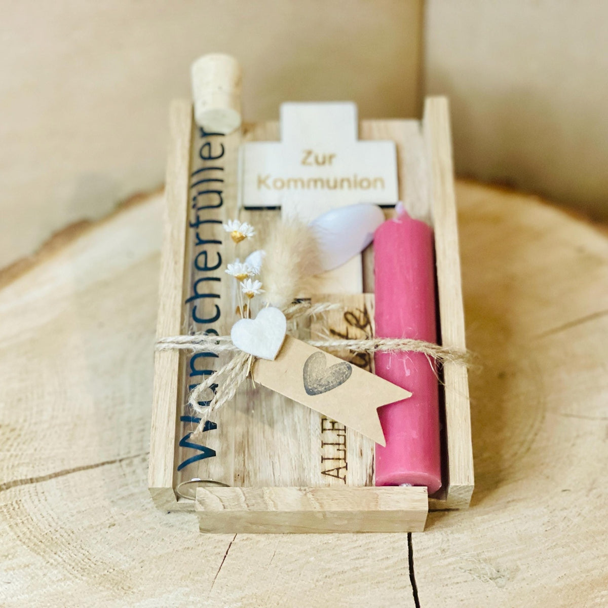 Taufgeschenk Set: Geldgeschenk mit Kerze + Holzkreuz & WUNSCHERFÜLLER aus Glas Geschenkset Das Glückswerk