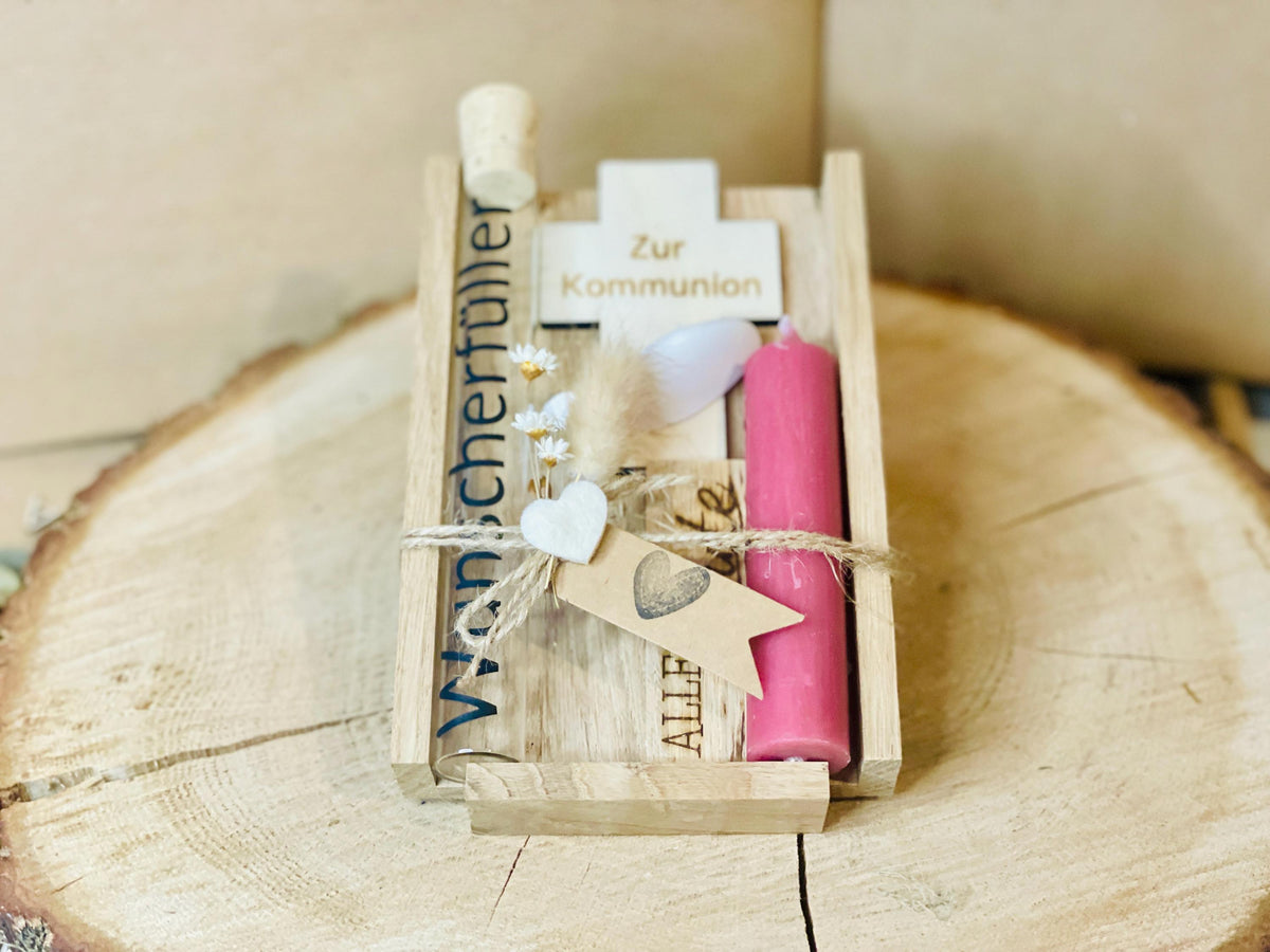 Jugendweihe Geschenkset mit Kreuz und Kerze, personalisierte Gravur, Geldgeschenk Verpackung, DasGlueckswerk, Geburt & Baby, Greeting Cards, holz, raysin, Wachs, Jute, Filz, Trockenblumen, Glas