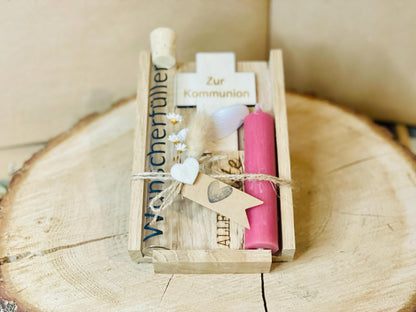 Jugendweihe Geschenkset mit Kreuz und Kerze, personalisierte Gravur, Geldgeschenk Verpackung, DasGlueckswerk, Geburt & Baby, Greeting Cards, holz, raysin, Wachs, Jute, Filz, Trockenblumen, Glas