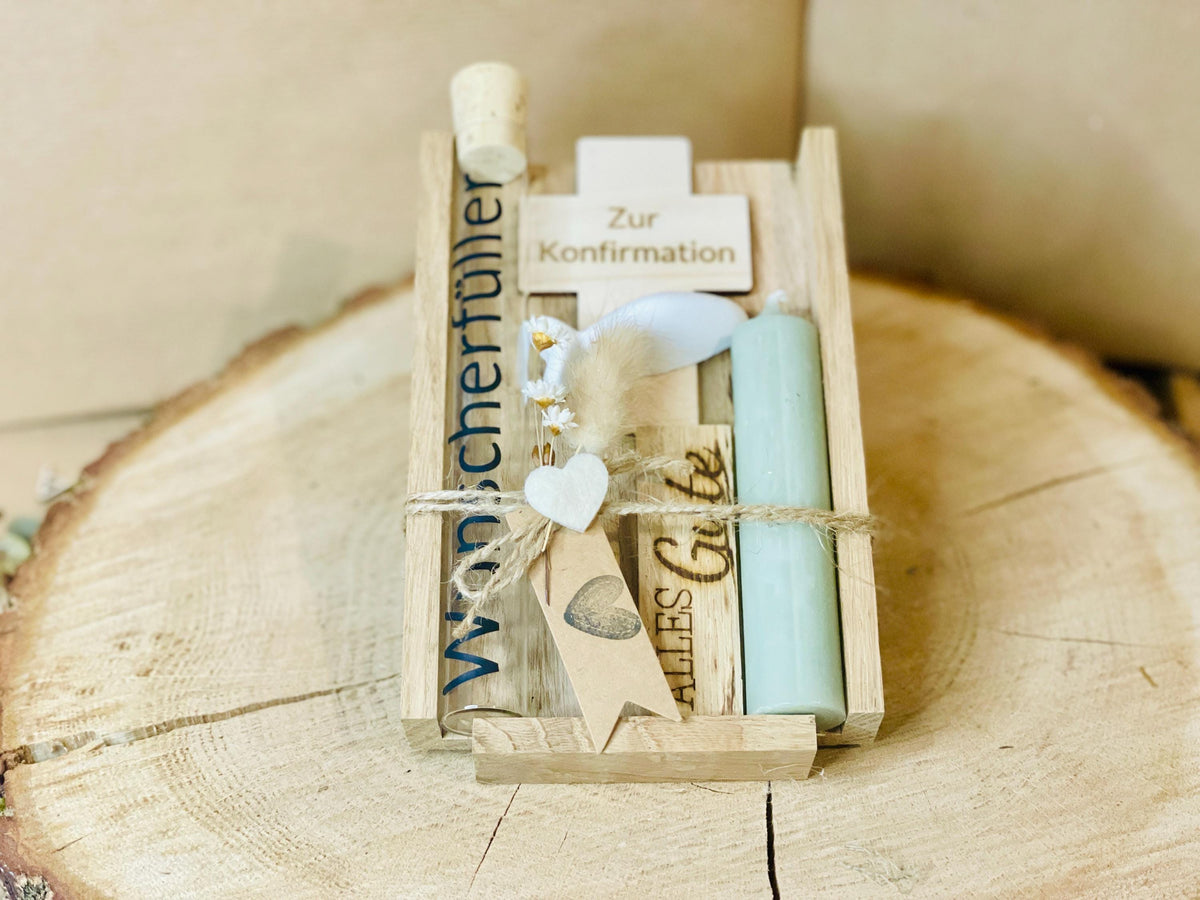 Kommunionsgeschenk Kreuz Kerze, Geschenkset mit Gravur zur Erstkommunion, Geldgeschenk Glasröhrchen, DasGlueckswerk, Geburt & Baby, Religious Events Cards, holz, Wachs, raysin, Filz, Trockenblumen, Jute, Glas, vinylfolie